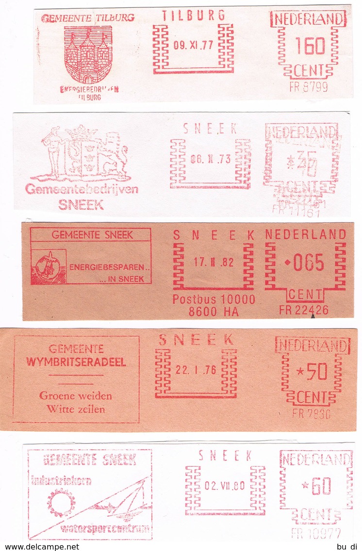 Niederlande 5 Freistempel Sneek, Tilburg -  Energie, Wappem, Segelboot - Blason - Meterstamp - Machines à Affranchir (EMA)