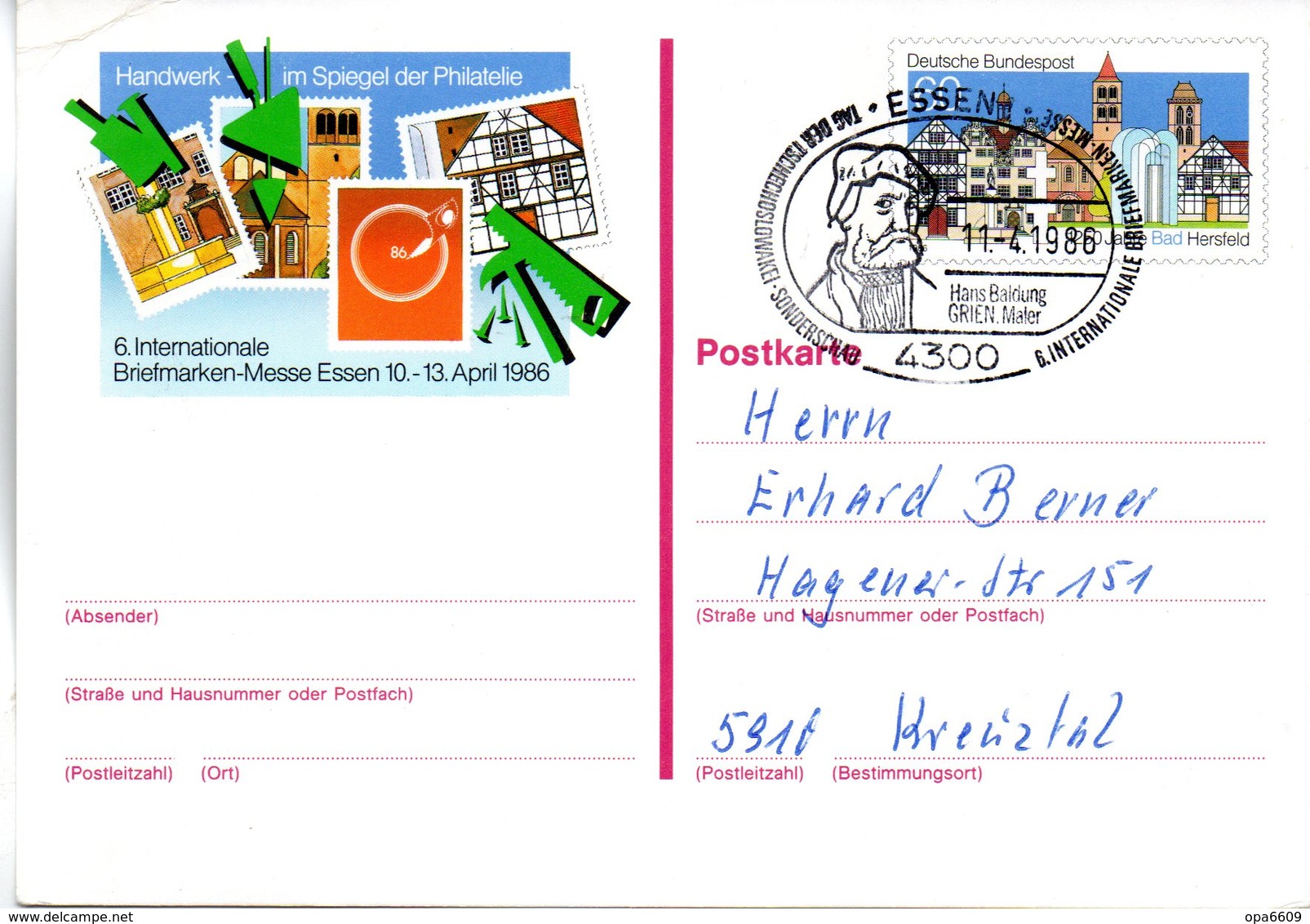 BRD Amtl. GZS-Sonderpostkarte PSo 12 "Int. BM-Messe, Essen" WSt "1250 Jahre Bad Hersfeld" SSt 11.4.1986 ESSEN - Postkarten - Gebraucht