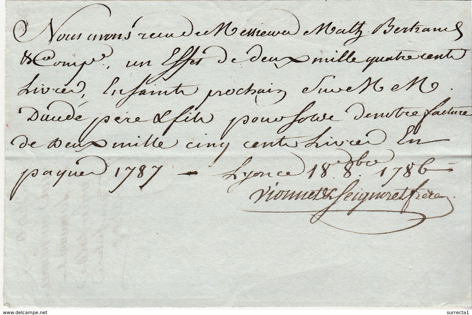 Reçu 18 Octobre 1786 / Mathieu Bertrand  ( Le Puy ?) / Vionnet Seigneuret à Lyon / 2500 Livres - ... - 1799