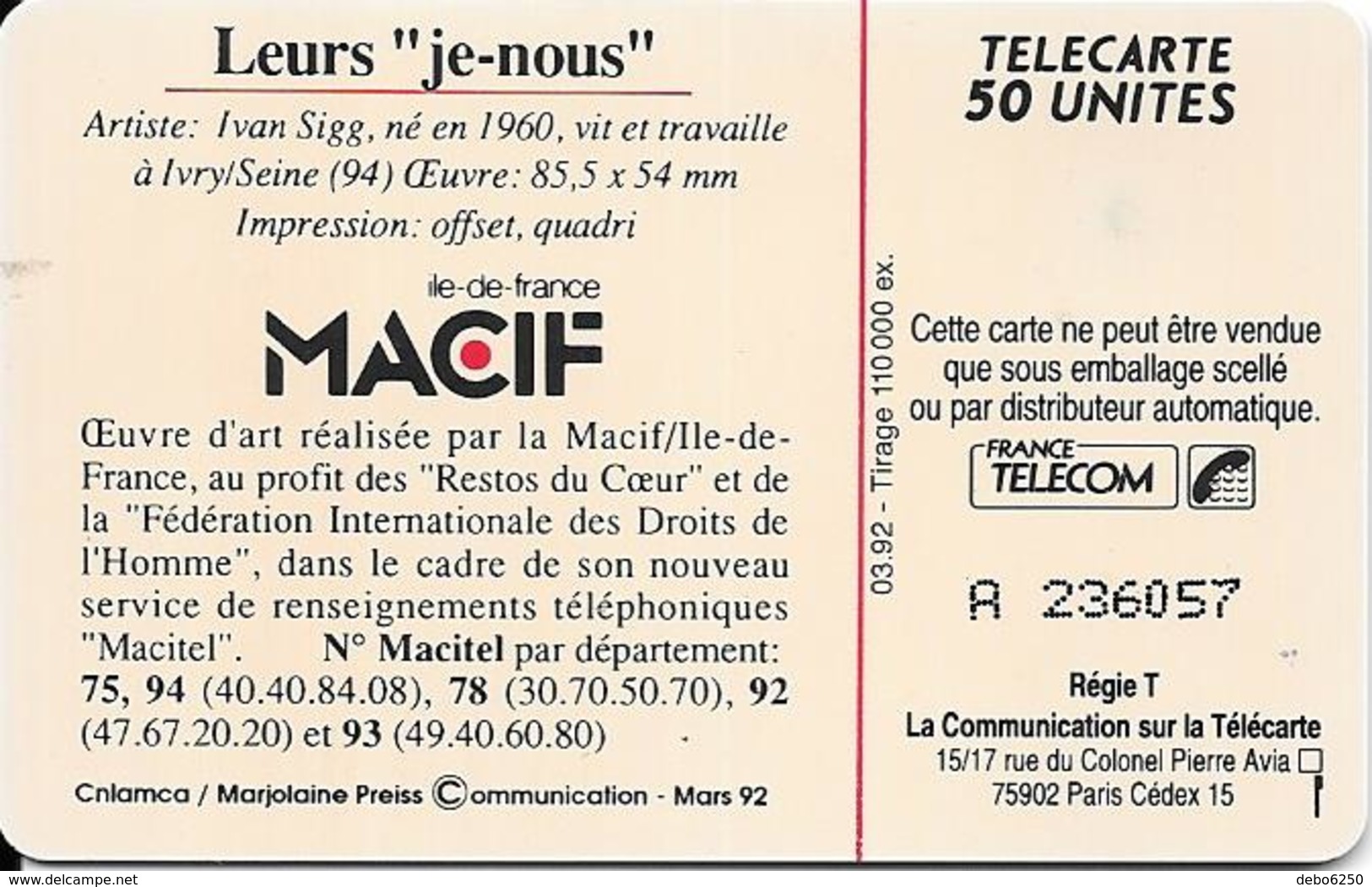 Leurs "Je Nous " Oeuvre MACIF Pour Les Restos Du Coeur - Telefoonkaarten Voor Particulieren