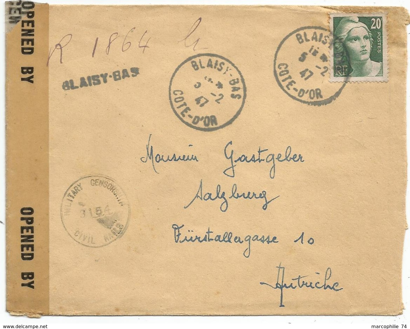 GANDON 20FR N° 728 SEUL LETTRE REC PROVISOIRE BLAISY BAS COTE D'OR 5.2.1947 POUR AUTRICHE + BANDE CEN CIVILS MAILS RARE - 1945-54 Marianne Of Gandon