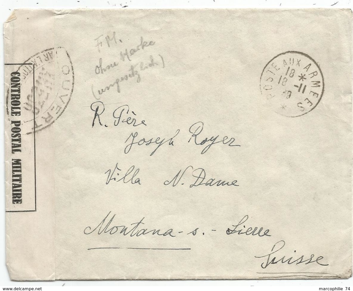 LETTRE FM POSTE AUX ARMEES 18.11.1939 POUR SUISSE CENSURE WH 538 - Guerre De 1939-45