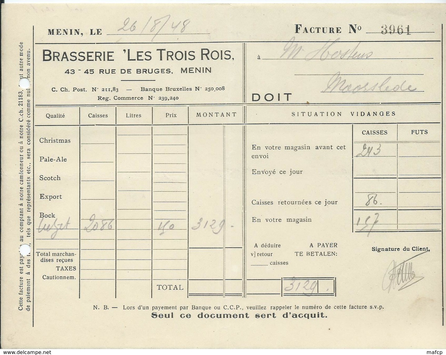 BRASSERIE LES TROIS ROIS 43 RUE DE BRUGES MENIN - 1900 – 1949