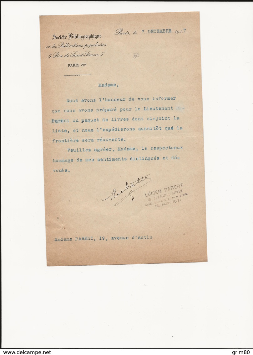 LETTRE   SOCIETE  BIBLIOGRAPHIQUE       PARIS - Documents