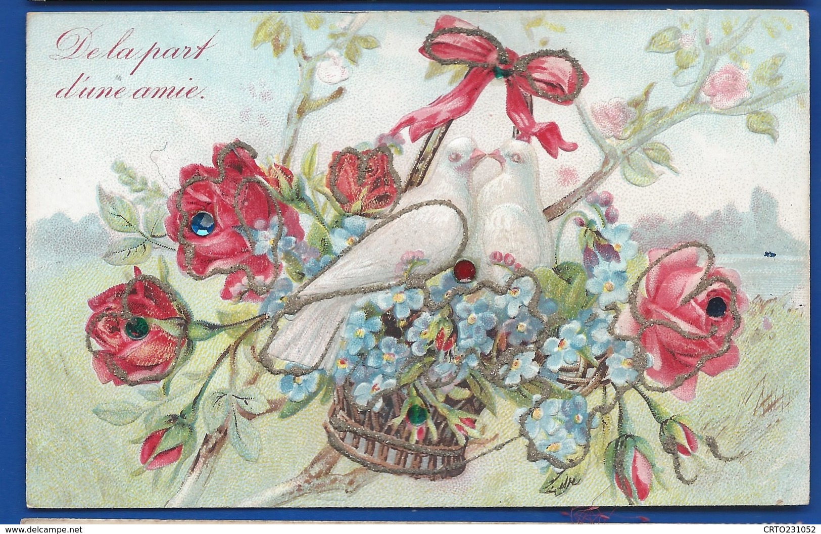 Carte Gauffrée   Touterelles Panier De Fleurs  De La Part D'une Amie    écrite En 1905 - Sonstige & Ohne Zuordnung