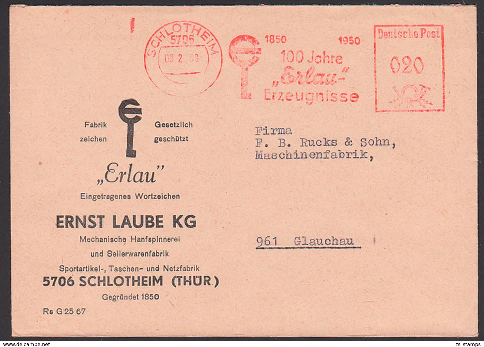 Schlotheim Germany DDR AFS 9.2.68 "100 Jahre Erlau Erzeugnisse 1850 - 1950" Hanfspinnerei Seilerwaren Fabrikzeichen - Maschinenstempel (EMA)