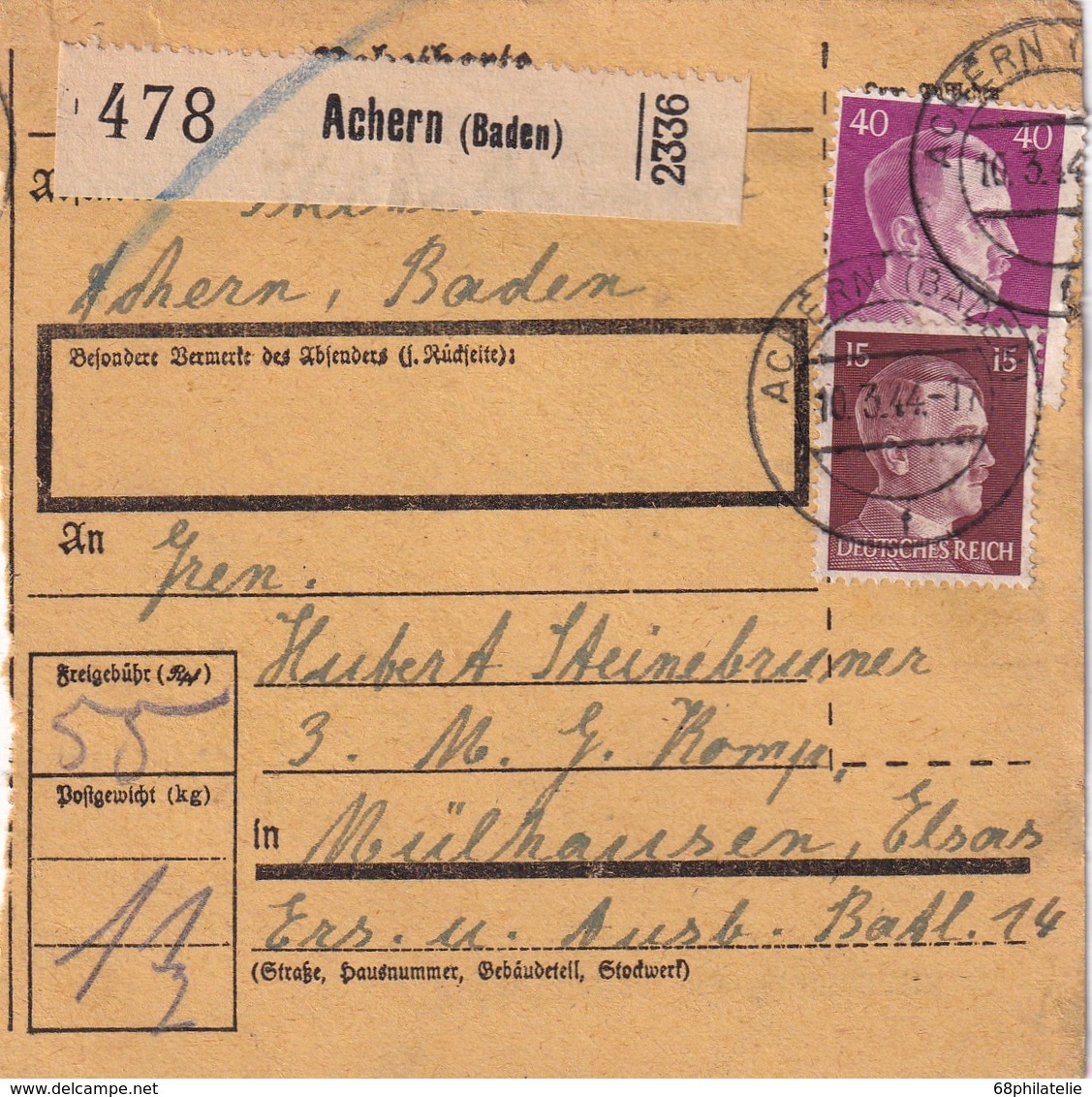 ALLEMAGNE COLIS POSTAL/PAKETKARTE DE ACHERN 1944 - Lettres & Documents