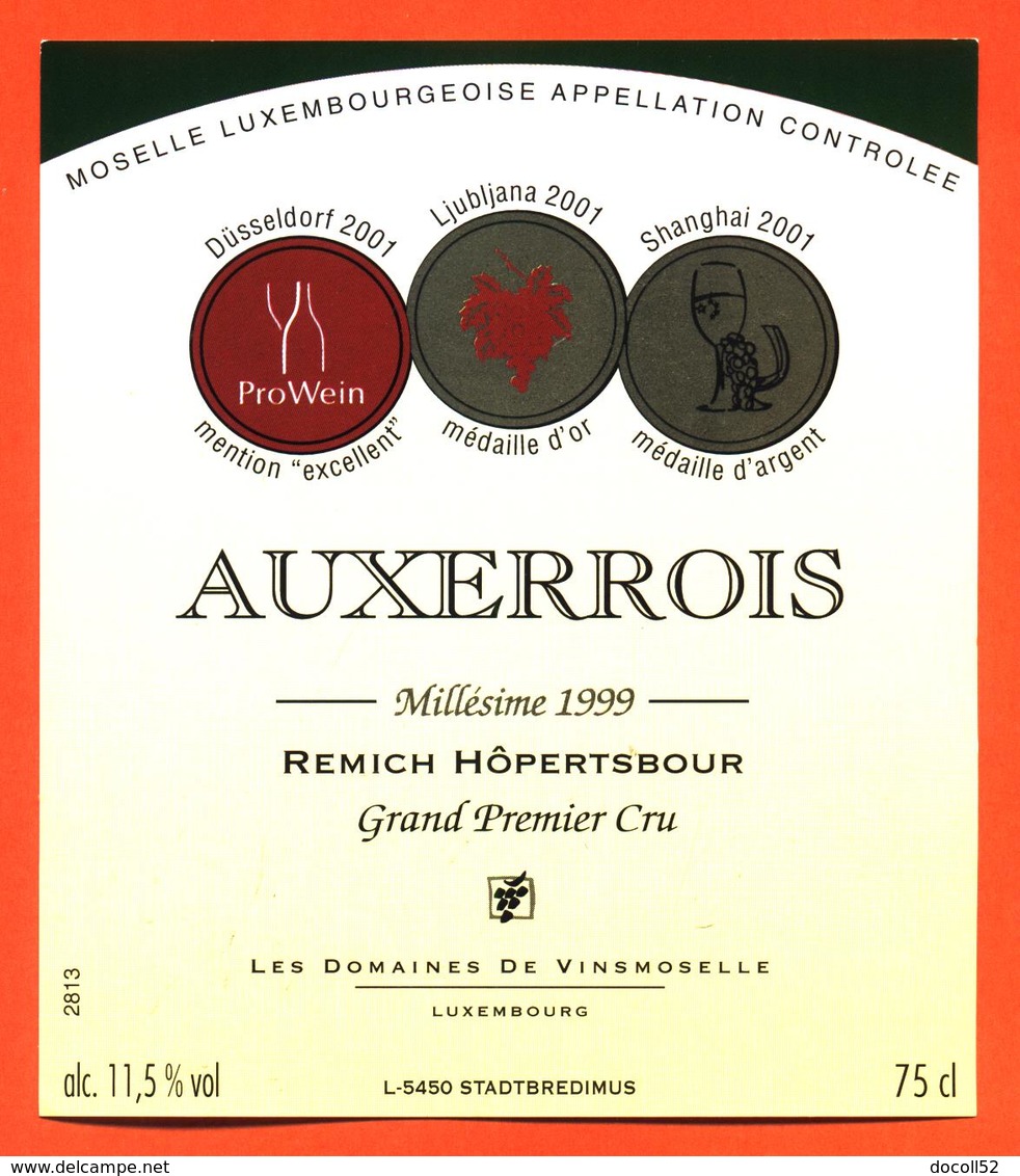 étiquette Vin Auxerrois 1999 Moselle Luxembourgeoise Remich Hopertsbour Vinsmoselle - 75 Cl - White Wines