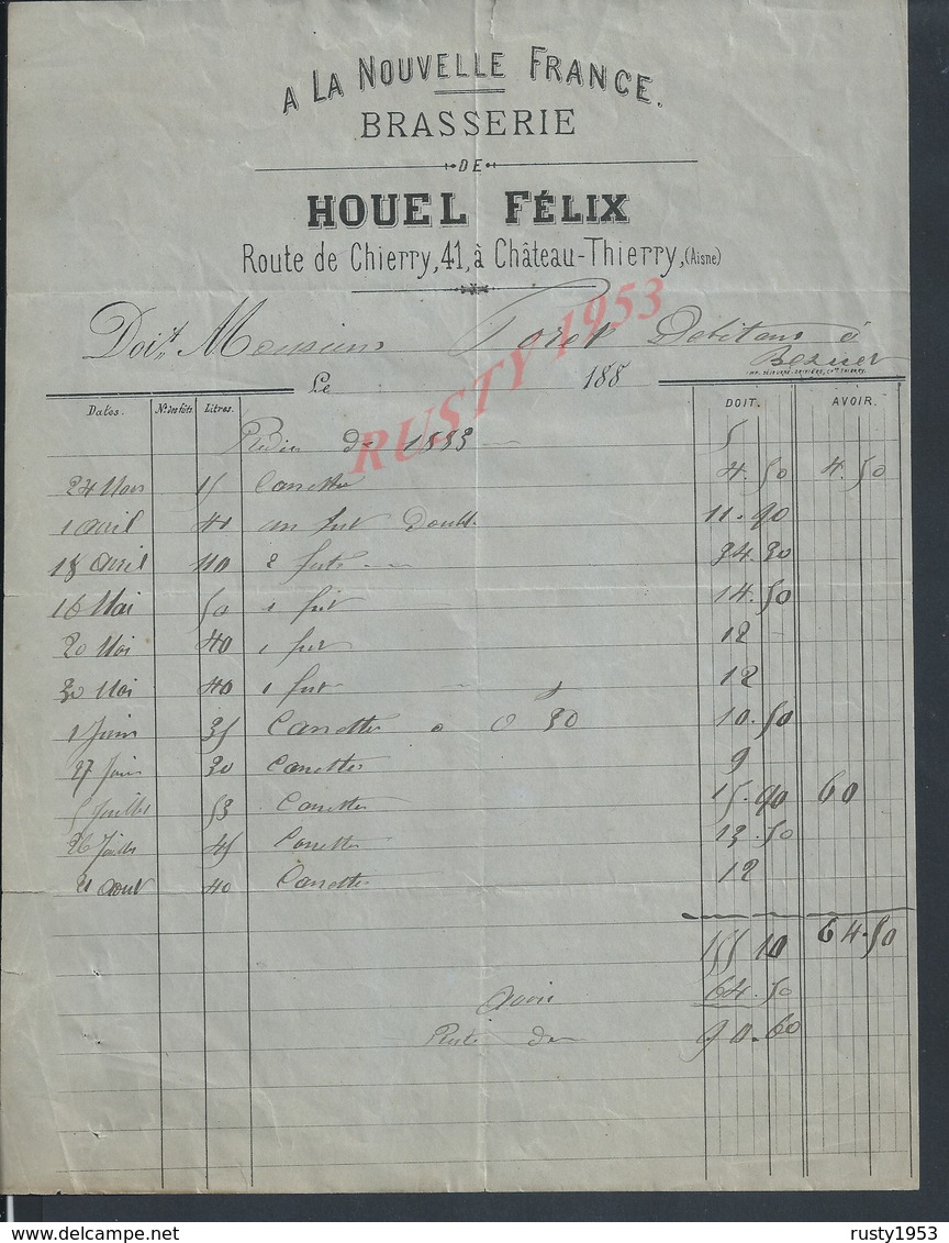 FACTURE DE 1883 ? HOUEL FÉLIX A LA NOUVELLE FRANCE BRASSERIE  À CHATEAU THIERRY : - 1800 – 1899