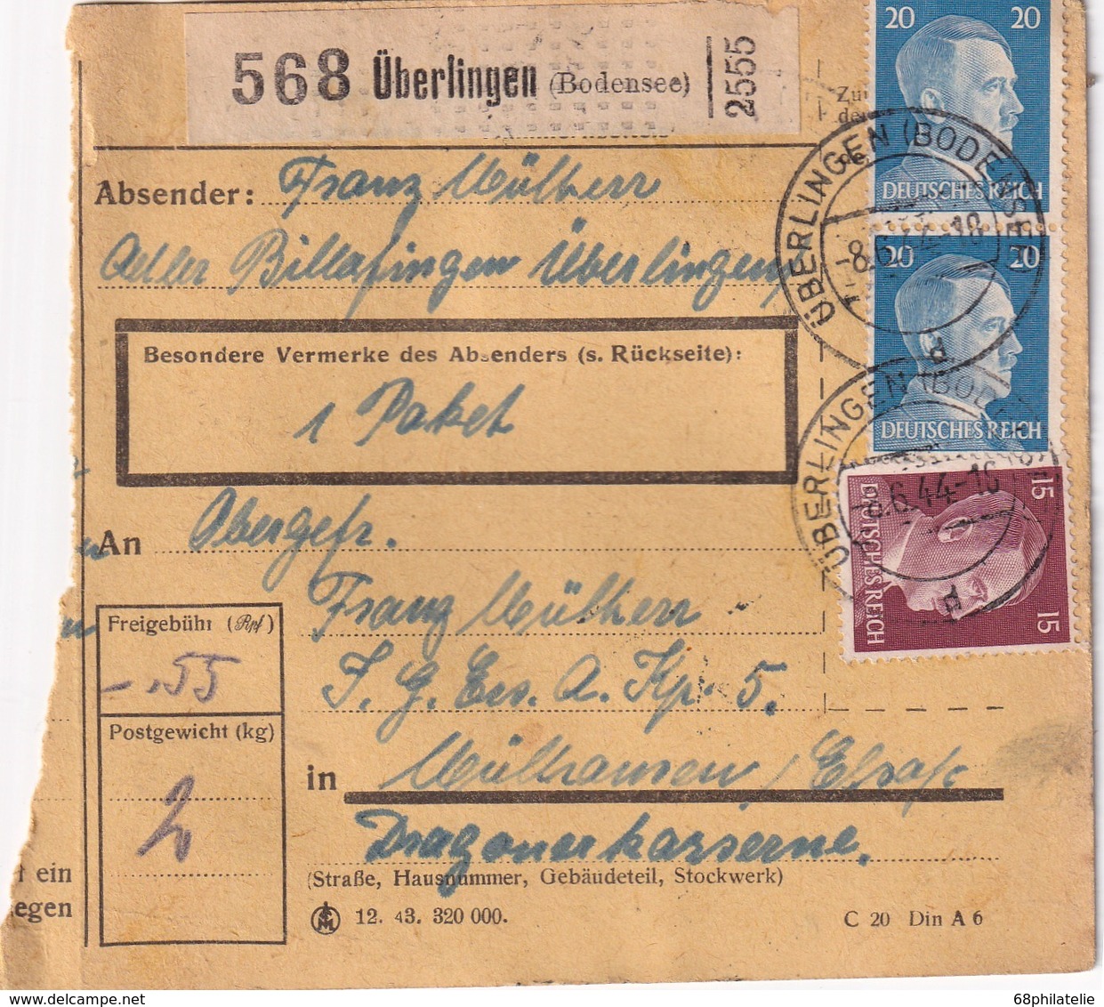 ALLEMAGNE COLIS POSTAL/PAKETKARTE DE ÜBERLINGEN 1944 - Lettres & Documents