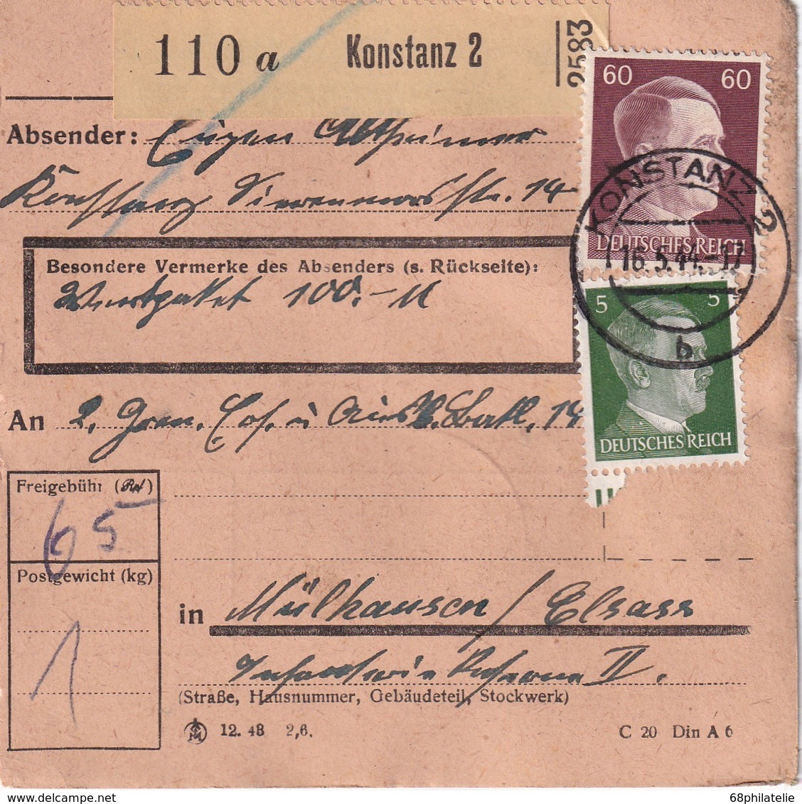 ALLEMAGNE COLIS POSTAL/PAKETKARTE DE KONSTANZ 1944 - Lettres & Documents