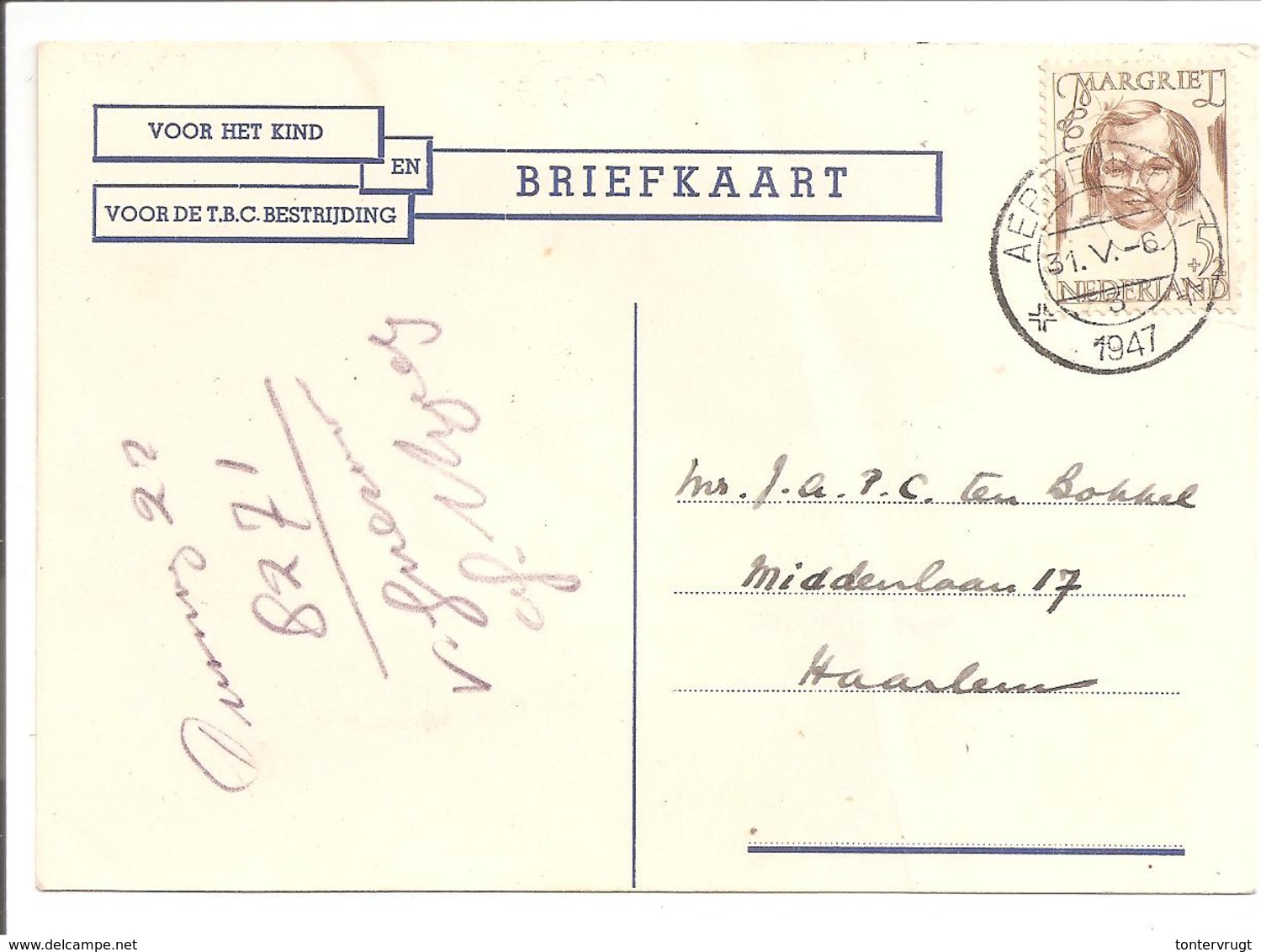 HC457 Enkel.Locale Briefkaart.Aerdenhout 31.5.47 - Brieven En Documenten