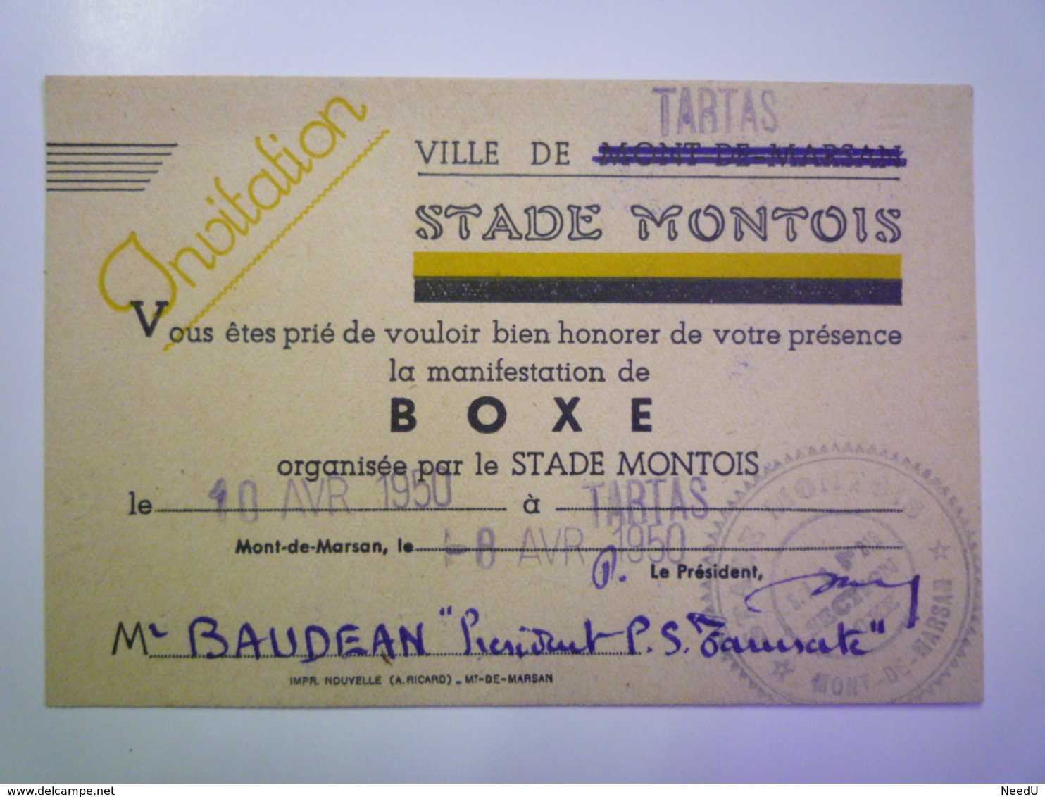 GP 2019 - 579   TARTAS  :  CARTE D'INVITATION à Un Match De  BOXE Organisé Par Le STADE MONTOIS  1950    XXXX - Other & Unclassified