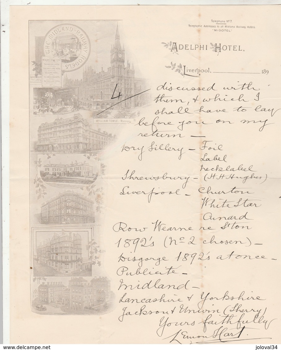 Royaume Uni Facture Lettre Illustrée 1894 ADELPHI HOTEL The Midland Raiway Hotels LIVERPOOL - United Kingdom