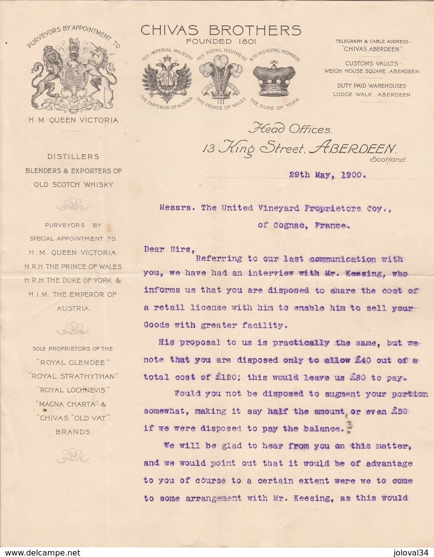 Royaume Uni Facture Lettre Illustrée 29/5/1900 CHIVAS Brothers Distillers Scotch Whisky ABERDEEN Avec Signature - Royaume-Uni