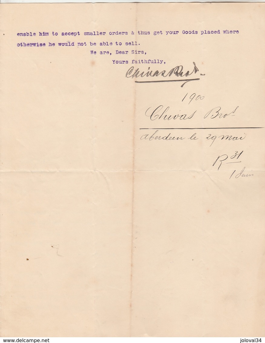 Royaume Uni Facture Lettre Illustrée 29/5/1900 CHIVAS Brothers Distillers Scotch Whisky ABERDEEN Avec Signature - Royaume-Uni