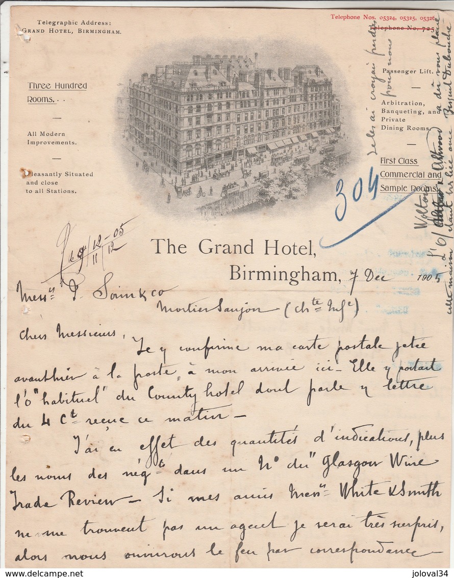 Royaume Uni Facture Lettre Illustrée 1/12/1905 The GRAND HOTEL BIRMINGHAM - Regno Unito