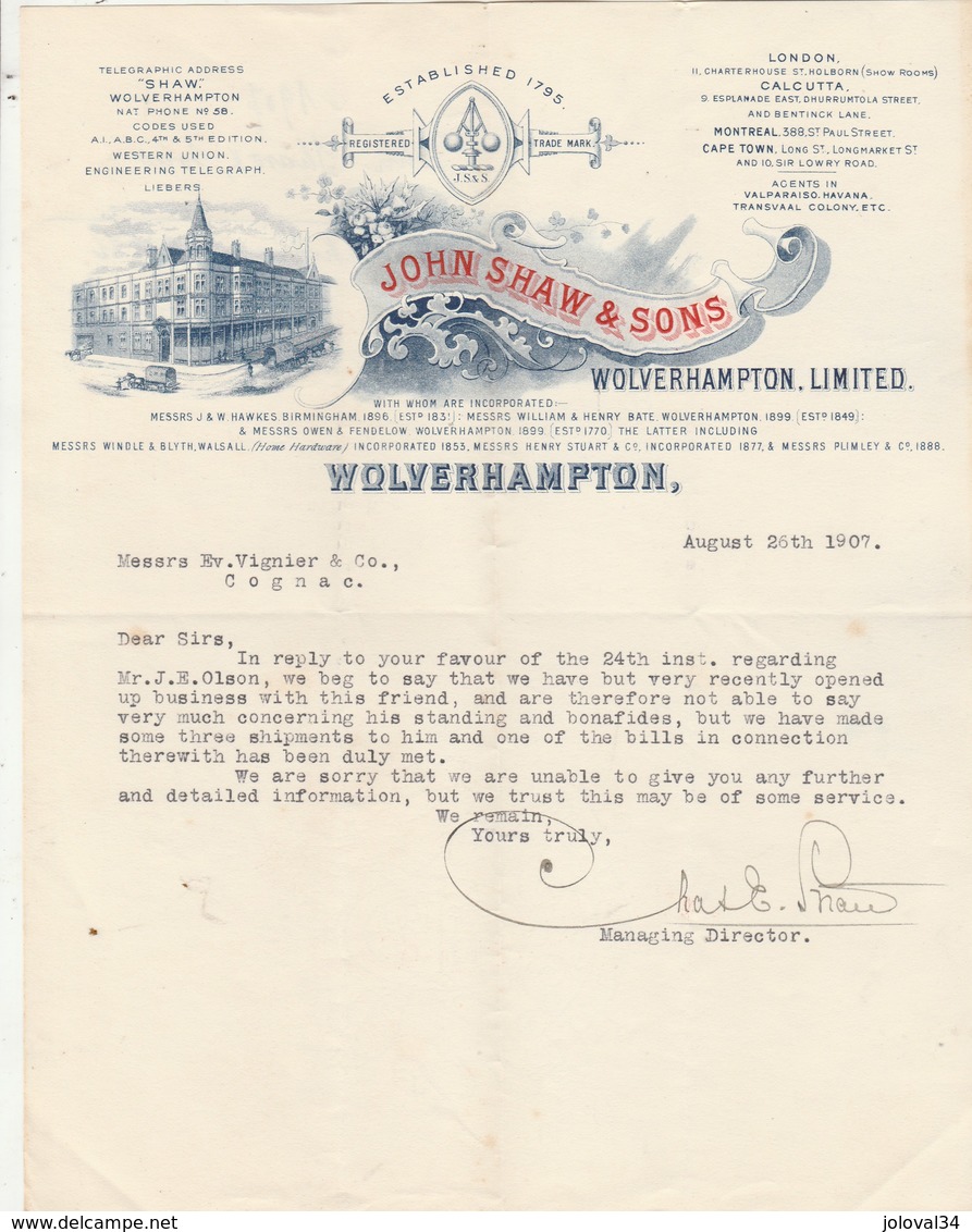 Royaume Uni Facture Lettre Illustrée 26/8/1907 JOHN SHAW & Sons WOLVERHAMPTON - Royaume-Uni