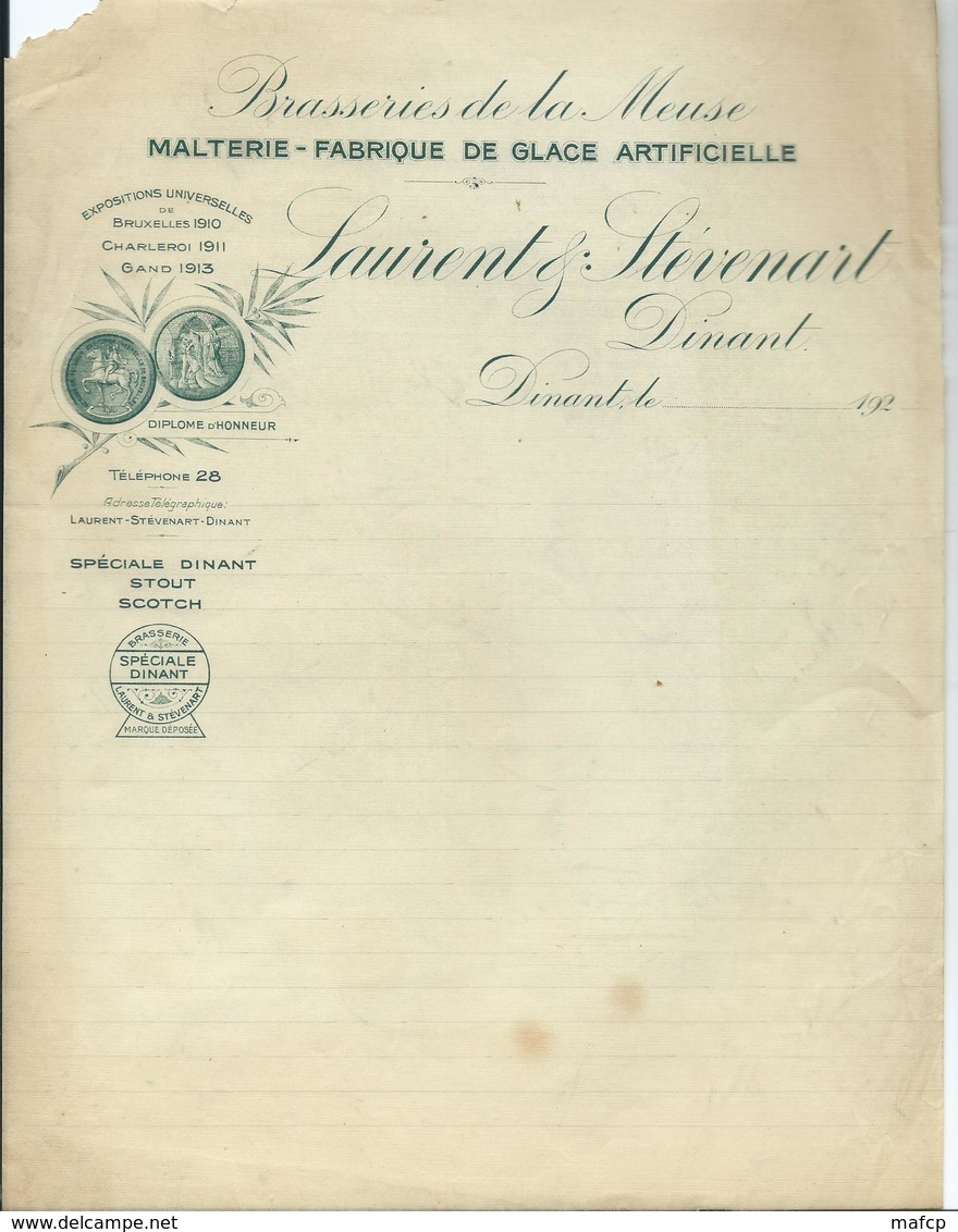 BRASSERIES DE LA MEUSE -MALTERIE -FABRIQUE DE GLACE ARTIICIELLE - LAURENT ET STEVENART - DINANT - 1900 – 1949