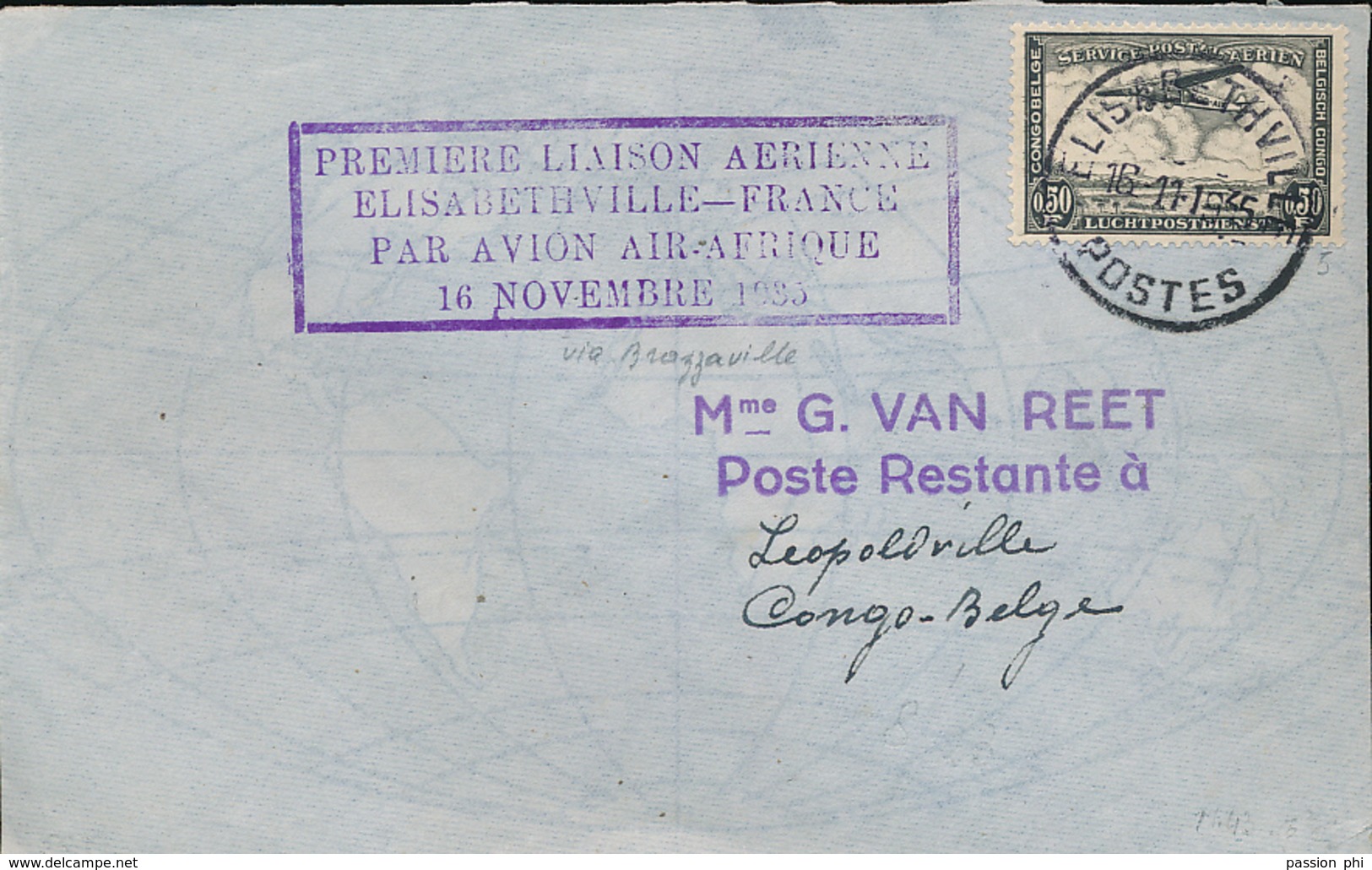 BELGIAN CONGO AIR COVER FIRST FLIGHT PRINTED RATE FROM E/VILLE  1935 TO LEO. - Lettres & Documents