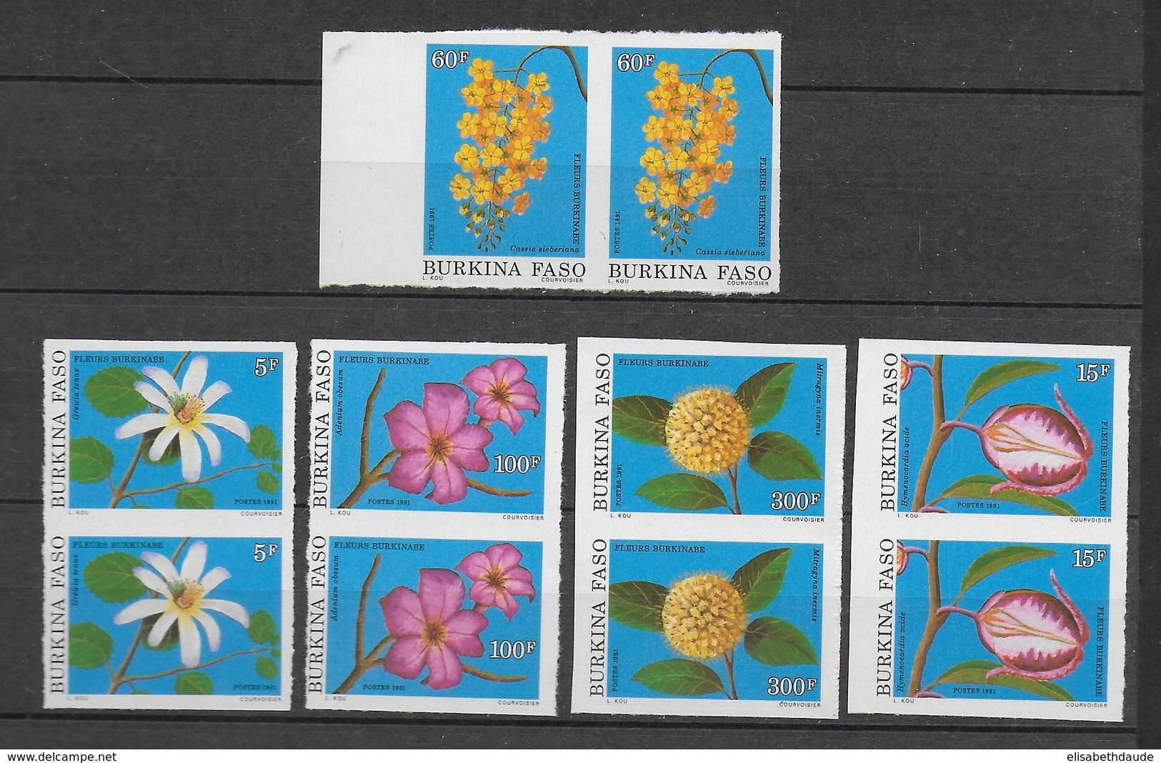 1991 - BURKINA FASO - SERIE COMPLETE YT N°838/842 En PAIRE NON DENTELES (RARE) - THEME : FLEURS / FLORE - Burkina Faso (1984-...)