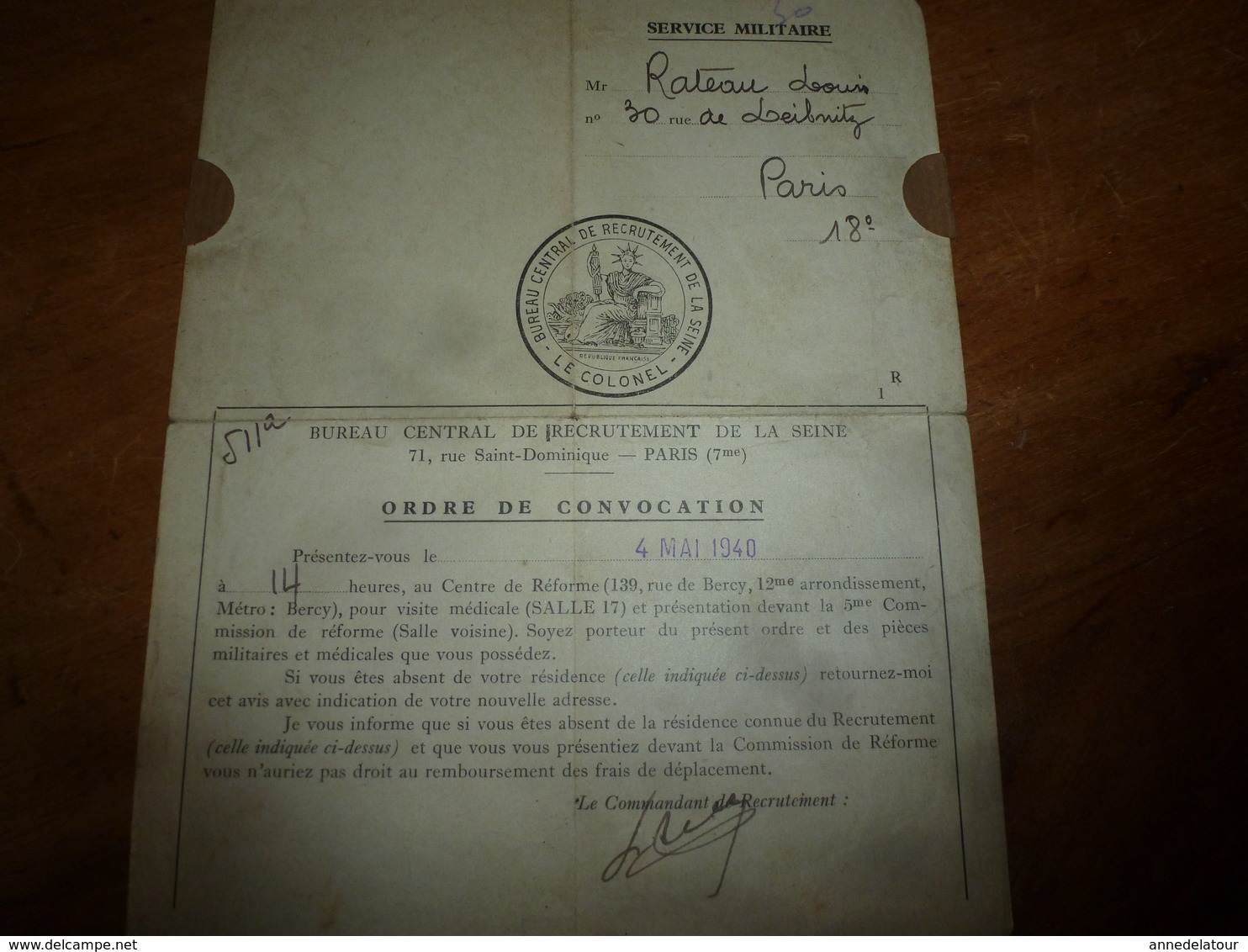 4 Mai 1940  Ordre De CONVOCATION De Mr Rateau Louis , Au Bureau De Recrutement - Documents