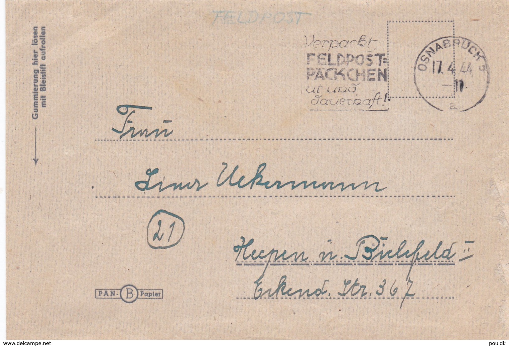 German Feldpost WW2: 4./ Landesschützen Ersatz Bataillon 6 In Osnabrück P/m Osnabrück 17.4.1944 - Letter Inside - Militaria