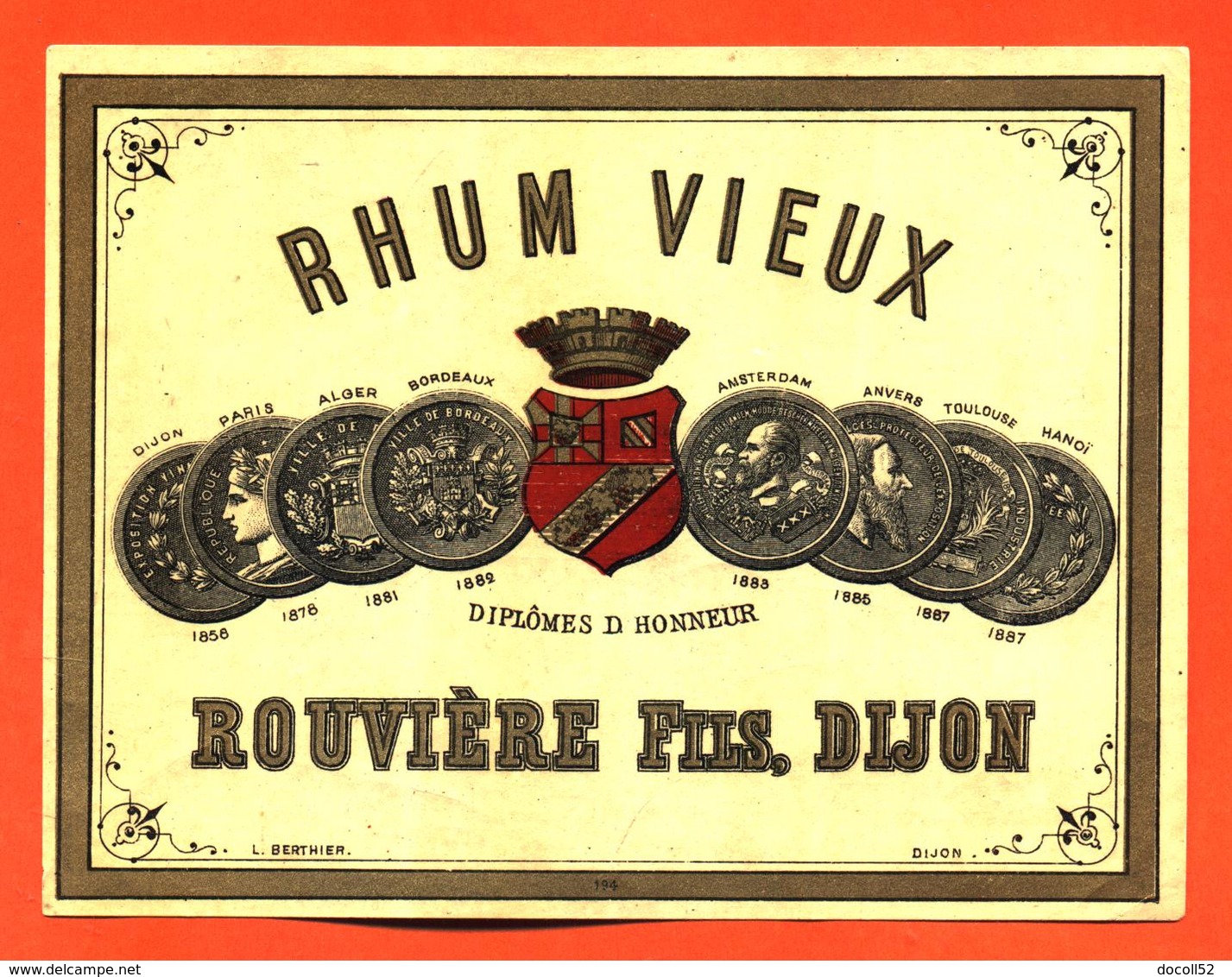 étiquette Ancienne Glaçée De Rhum Vieux Rouvière Fils à Dijon - Rhum