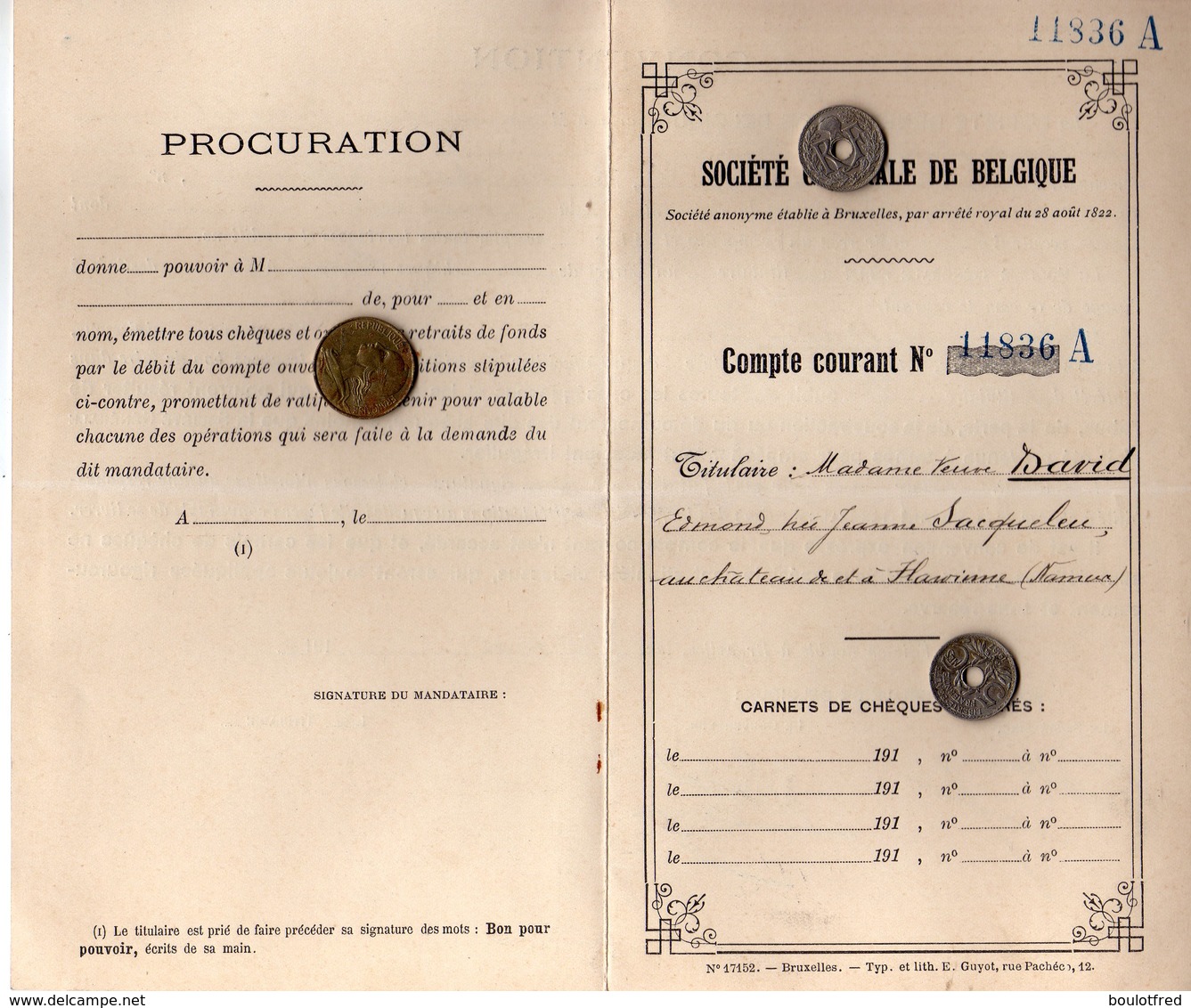 3 Documents Société Générale De Belgique 1914 - Madame Veuve Edmond David Château De Flawinne - Banque & Assurance