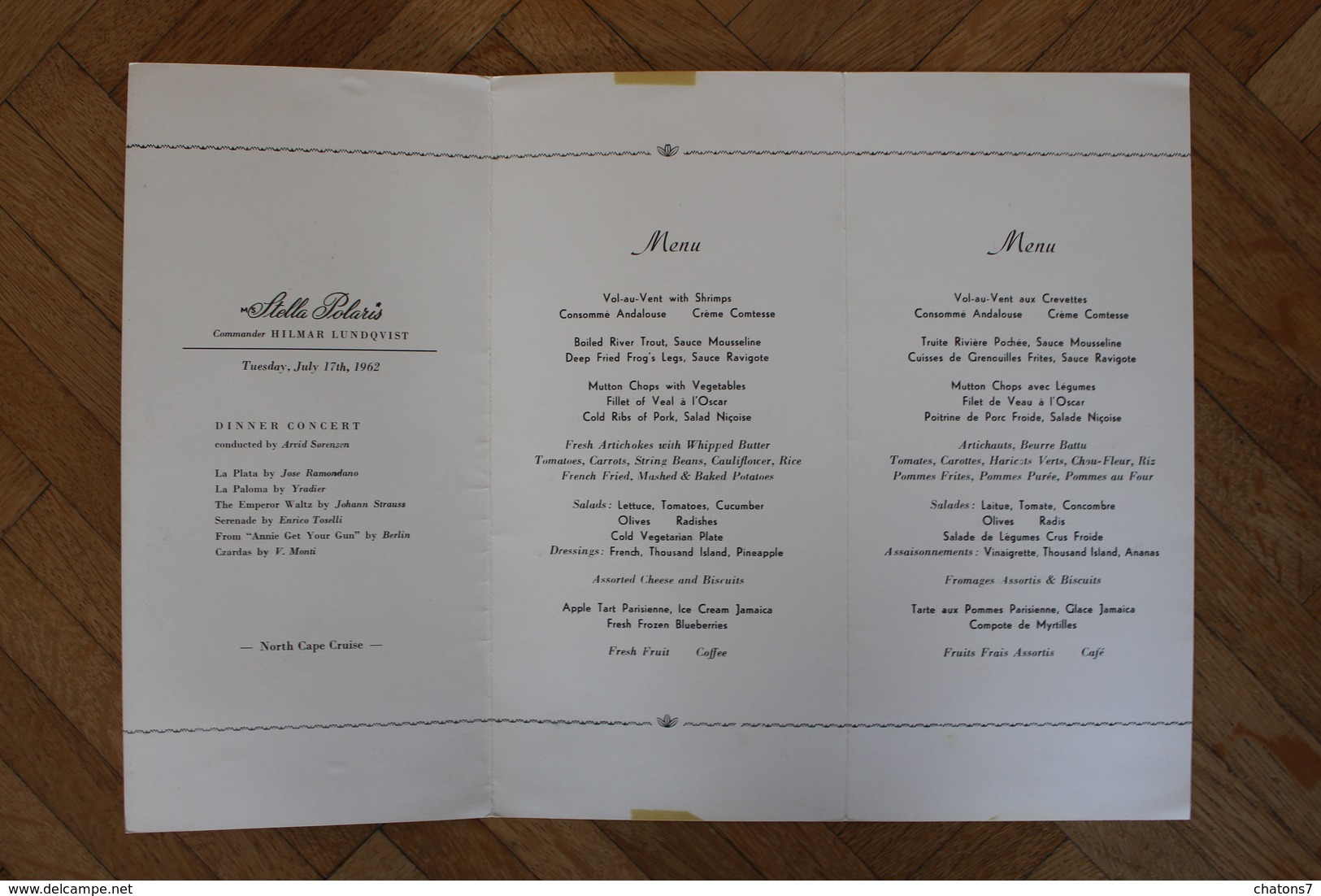 A.w - / Menu -  Dinner -  Clipper Line,  Sella Polaris - Commander  Hilmar Lunqvist -  Tuesday, July 17 TH, Année 1962 - Menus