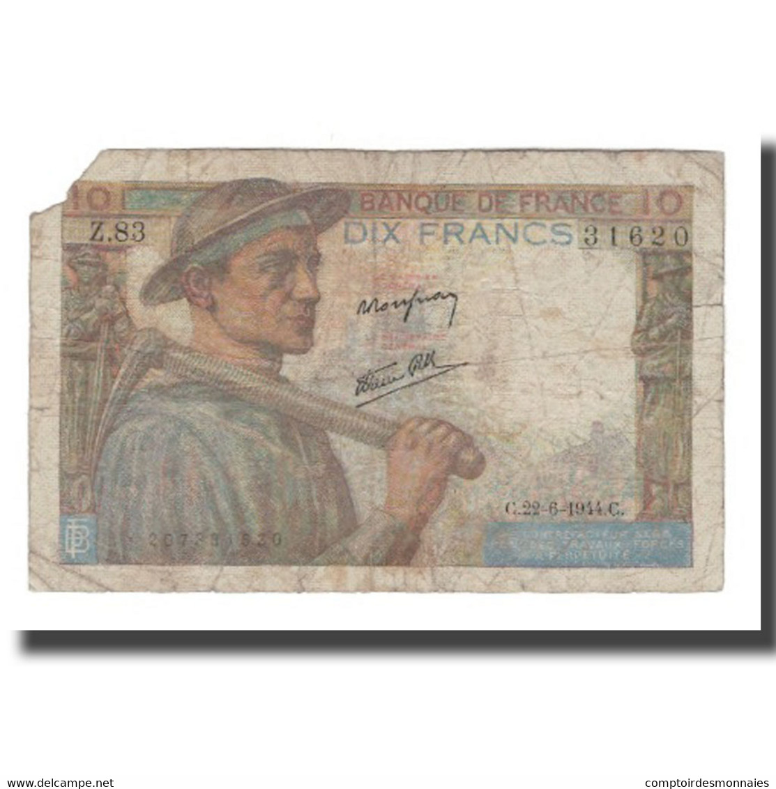 France, 10 Francs, 10 F 1941-1949 ''Mineur'', 1944, 1944-06-22, B, Fayette:8.12 - 10 F 1941-1949 ''Mineur''