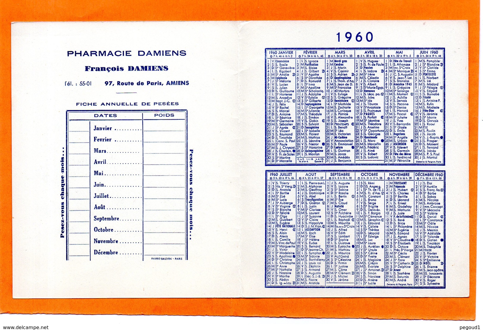 CALENDRIER DE POCHE. AMIENS ( SOMME ). PHARMACIE DAMIENS. 1960. Achat Immédiat - Petit Format : 1941-60