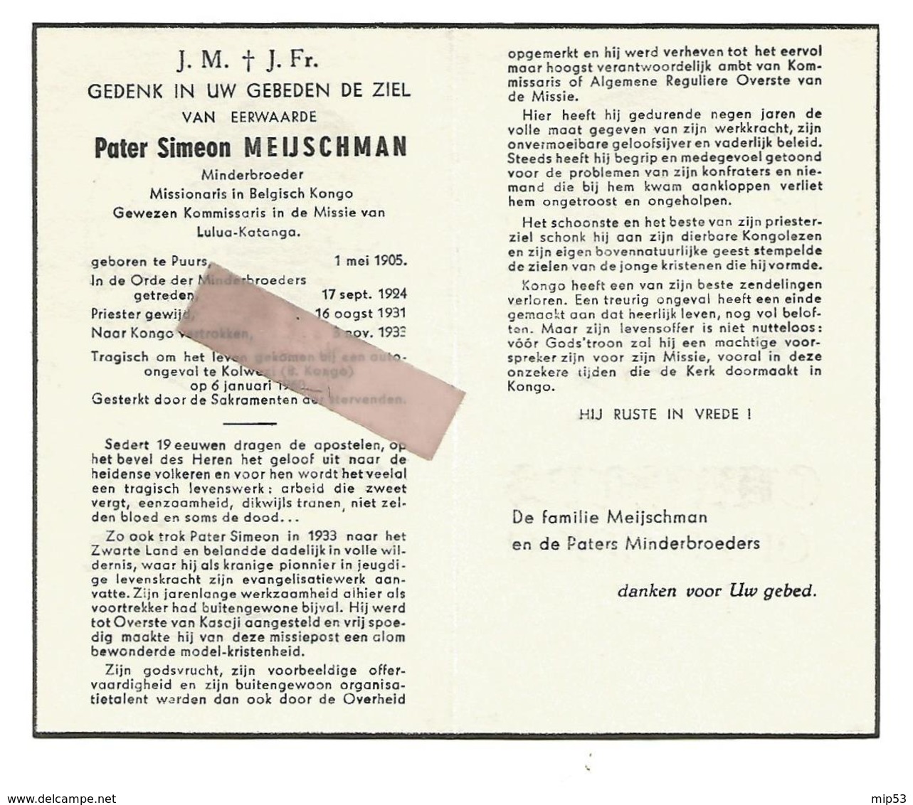 P 896. E.Pater SIMEON MEIJSCHMAN - Miss. BELG.KONGO/Kommissaris Missie LULUA-KATANGA -°PUURS 1905 /+KOLWEZI 1960 - Images Religieuses