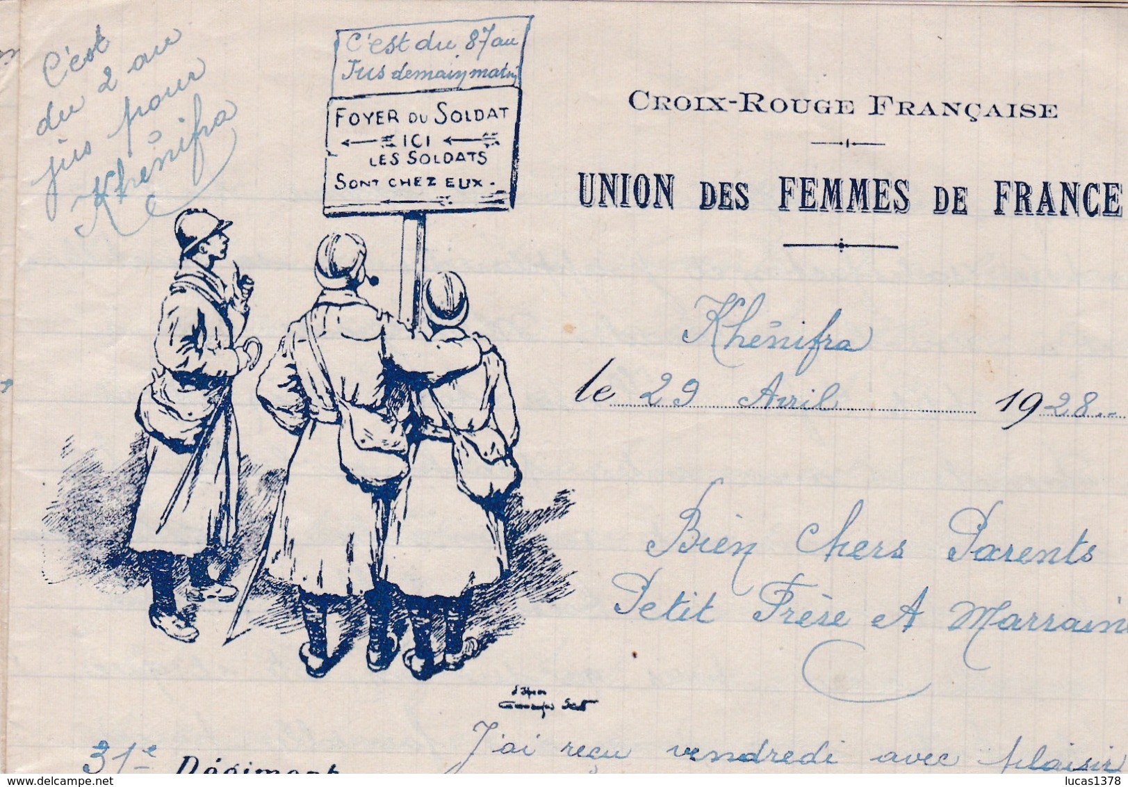 BELLE LETTRE CROIX ROUGE FRANCAISE / UNION DES FEMMES DE FRANCE DEPART KHENIFRA 1928 / 31 E REGIMENT / 3 E COMPAGN - Poste Aérienne