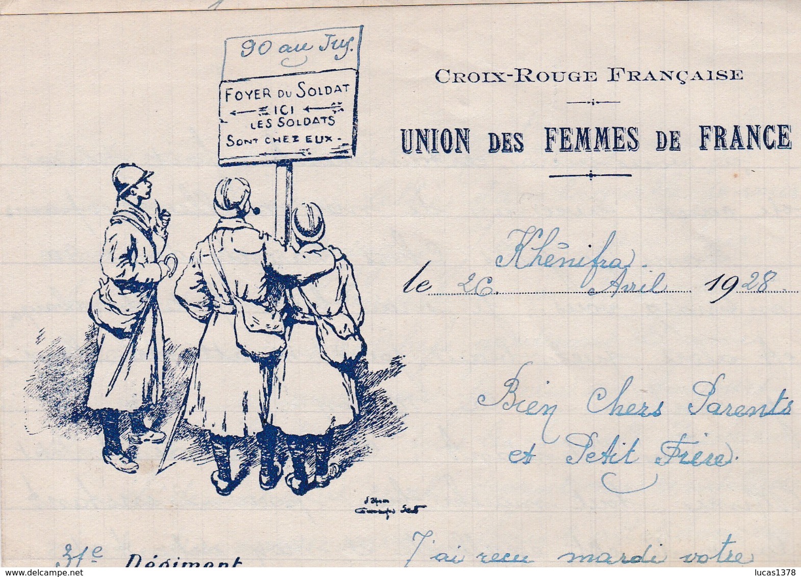 BELLE LETTRE CROIX ROUGE FRANCAISE / UNION DES FEMMES DE FRANCE DEPART KHENIFRA 1928 / 31 E REGIMENT / 3 E COMPAGN - Rotes Kreuz