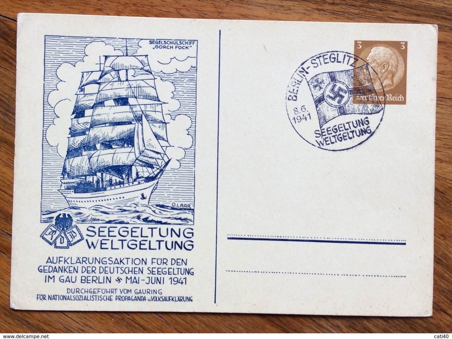 NAVIGAZIONE  A VELA VELIERO  BERLIN-STEGLITZ SEEGELTUNG WELTGELTUNG PRIVATE POSTAL STATIONERY 8/6/1941 - Marittimi