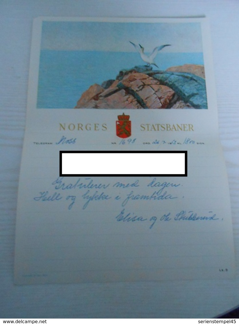 Norwegen Norway Schmuck Telegramm LX 9 Norges Statsbaner Moss 1952 Motiv Vogel Möve - Briefe U. Dokumente
