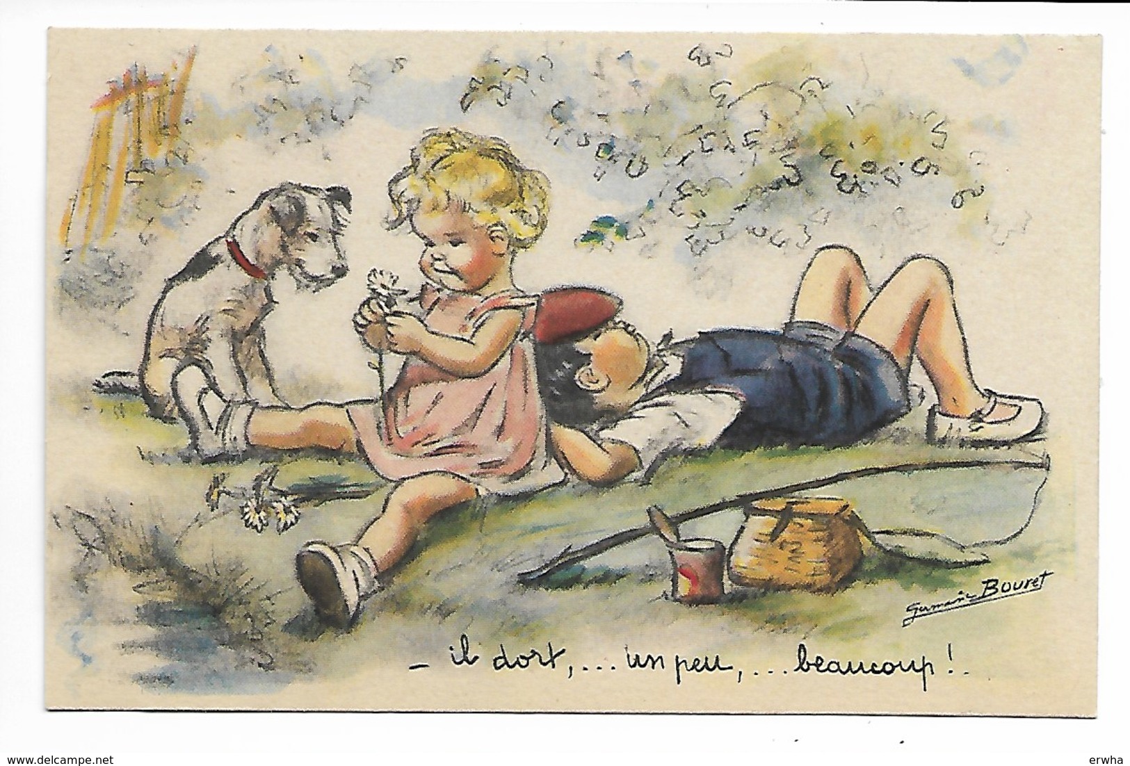 2 CARTES Germaine BOURET Humour IL DORT ... + CELUI-Là ... Humoristique Dessin B D En PARFAIT ETAT Enfants Chien ... - Bouret, Germaine