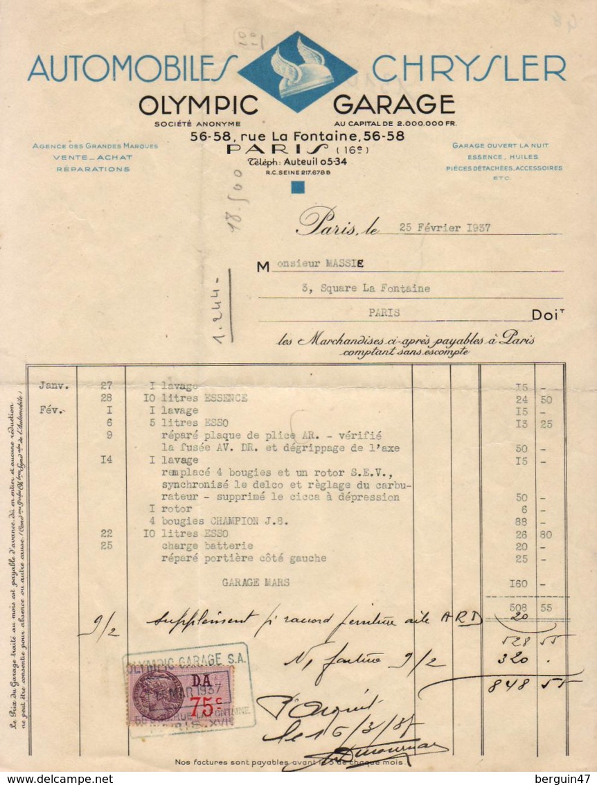 AUTOMOBILES CHRYSLER OLYMPIC GARAGE RUE LA FONTAINE à PARIS     ........  FACTURE DE 1937 - Cars