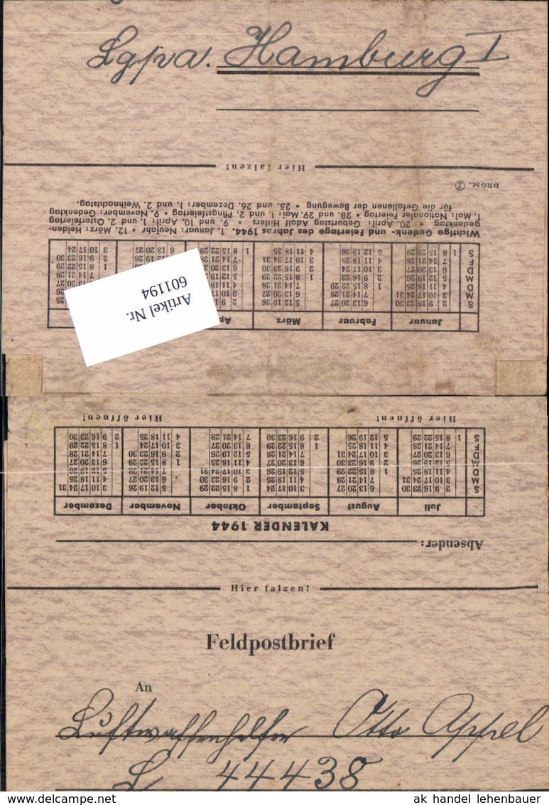 601194,WK 2 Feldpost Einbeck Hannover I. Luftgaupostamt Hamburg L 44438 - 1939-45