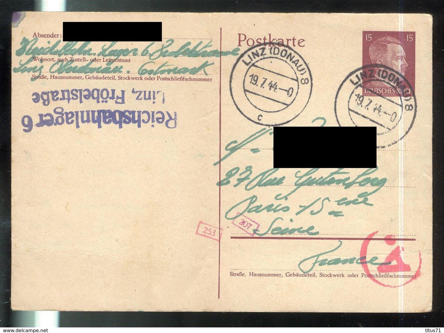 Courrier De STO Français En Allemagne - 19-7-1944 - Reichsbahnlager 6 Linz - Documents