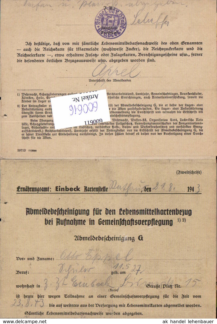 600616,Feldpost WK2 Einbeck Hannover Ern&auml;hrungsamt Best&auml;tigung - 1939-45
