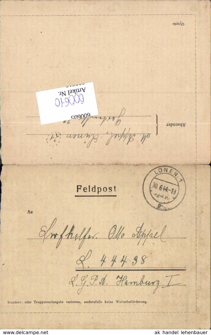 600610,Feldpost WK2 L&uuml;nen Nach Hamburg Luftgau Postamt 44438 - 1939-45