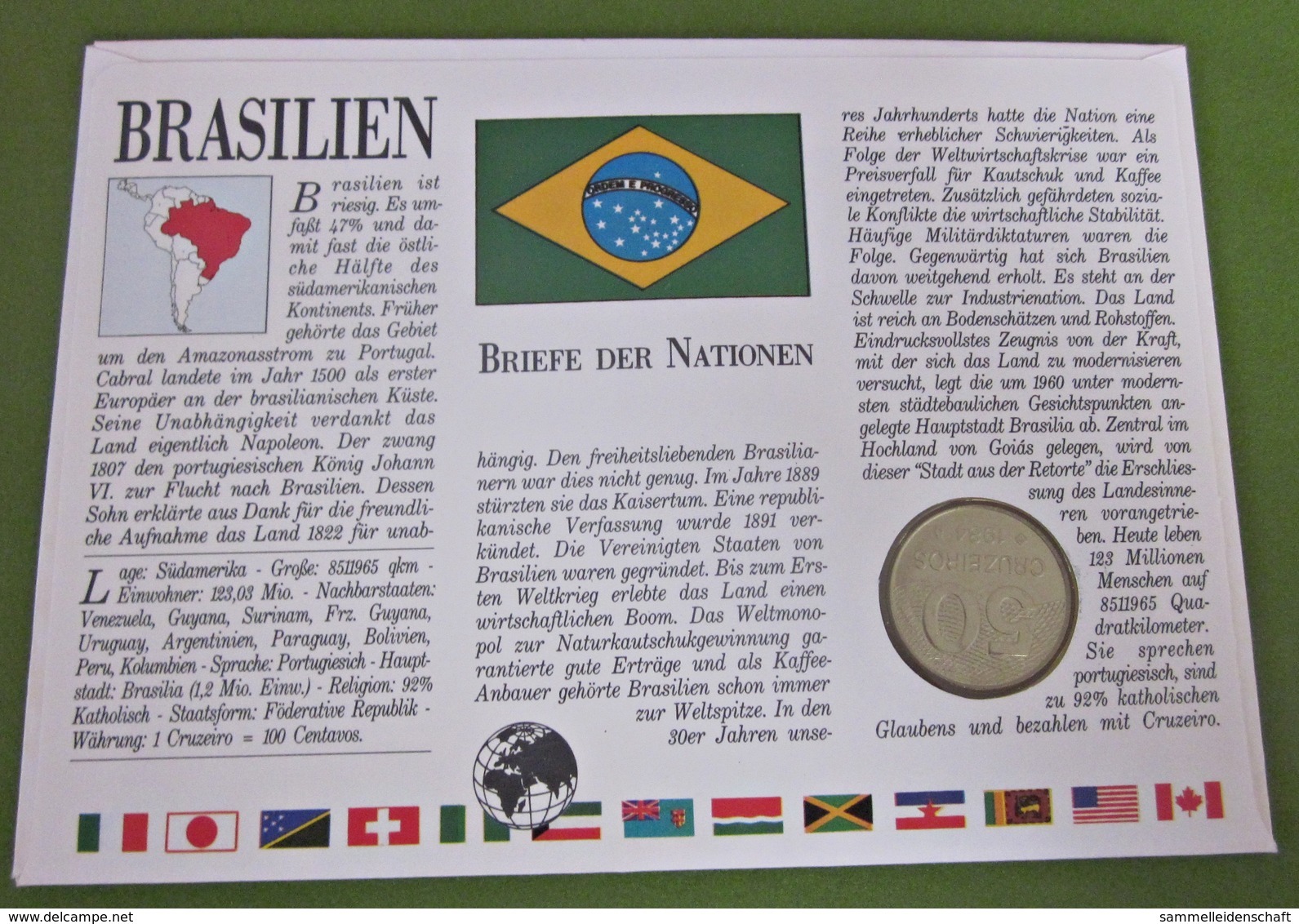 Numisbrief Brasilien Fußballstadion / Brasil 50 Cruzeiros Münze 1984 Briefmarke - Brasilien