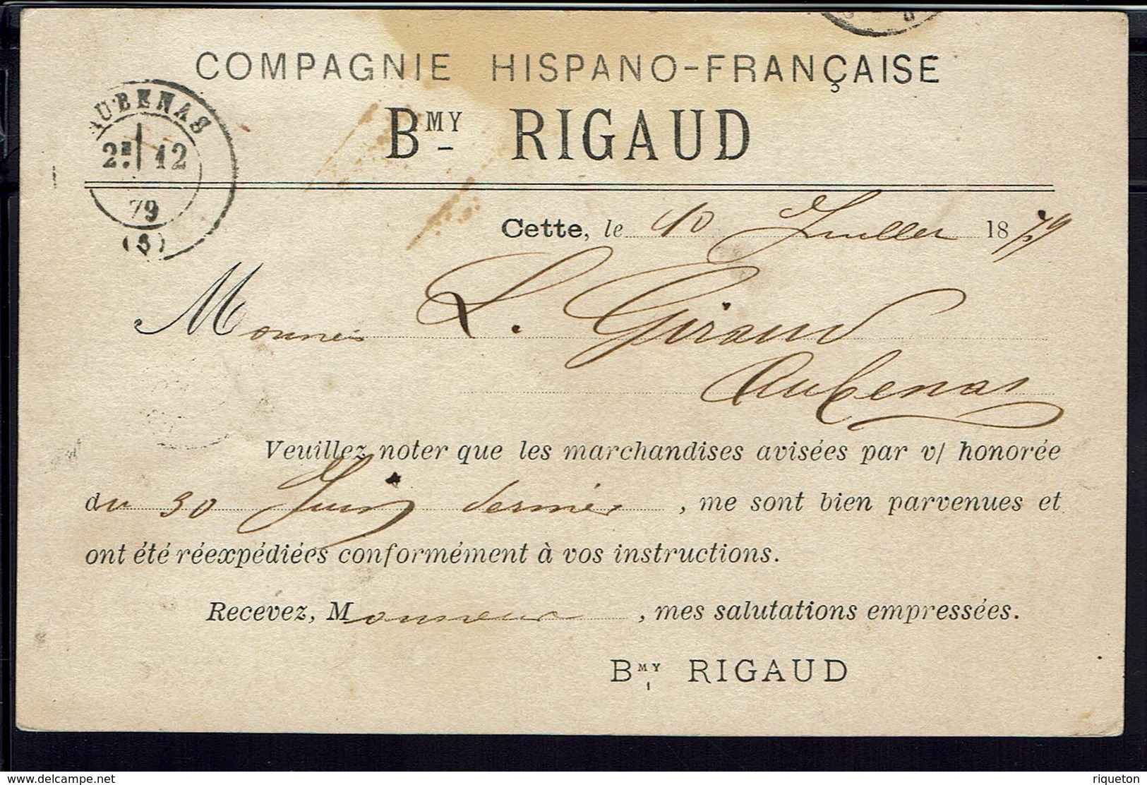 FR - 1879 - Carte Postale Type Sage 10 C. De Cette Pour Aubenas - Repiquage Bmy Rigaud (Compagnie Hispano-Française) - Overprinter Postcards (before 1995)