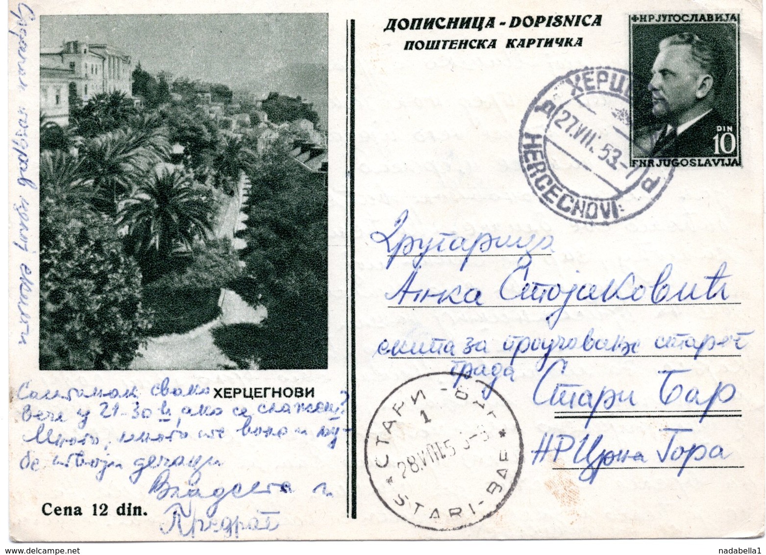 1953 Herceg Novi Crna Gora Tito Jugoslavia Montenegro Yugoslavia Used Postcard Ilustrovana Koriscena Dopisnica - Montenegro