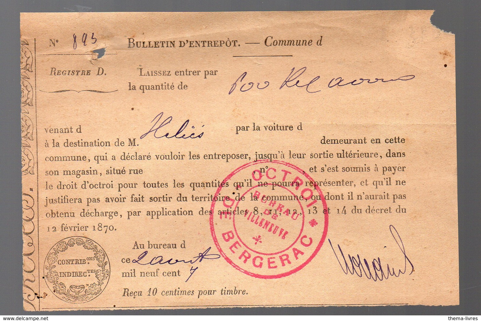 Bergerac (24 Dordogne ) Billet D'OCTROI 1907 (PPP17652 - Non Classificati