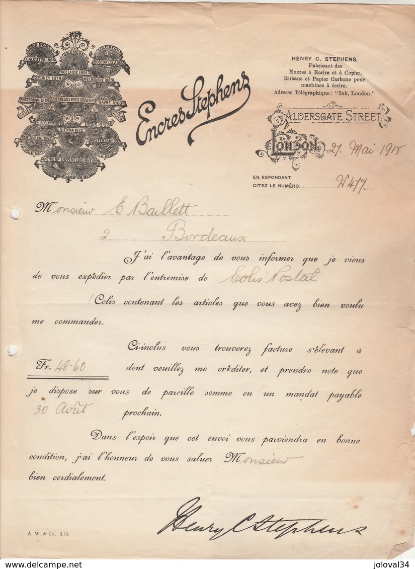 Royaume Uni Facture Lettre Illustrée 27/5/1915 HENRY C STEPHENS Encres STEPHENS  LONDON - Royaume-Uni