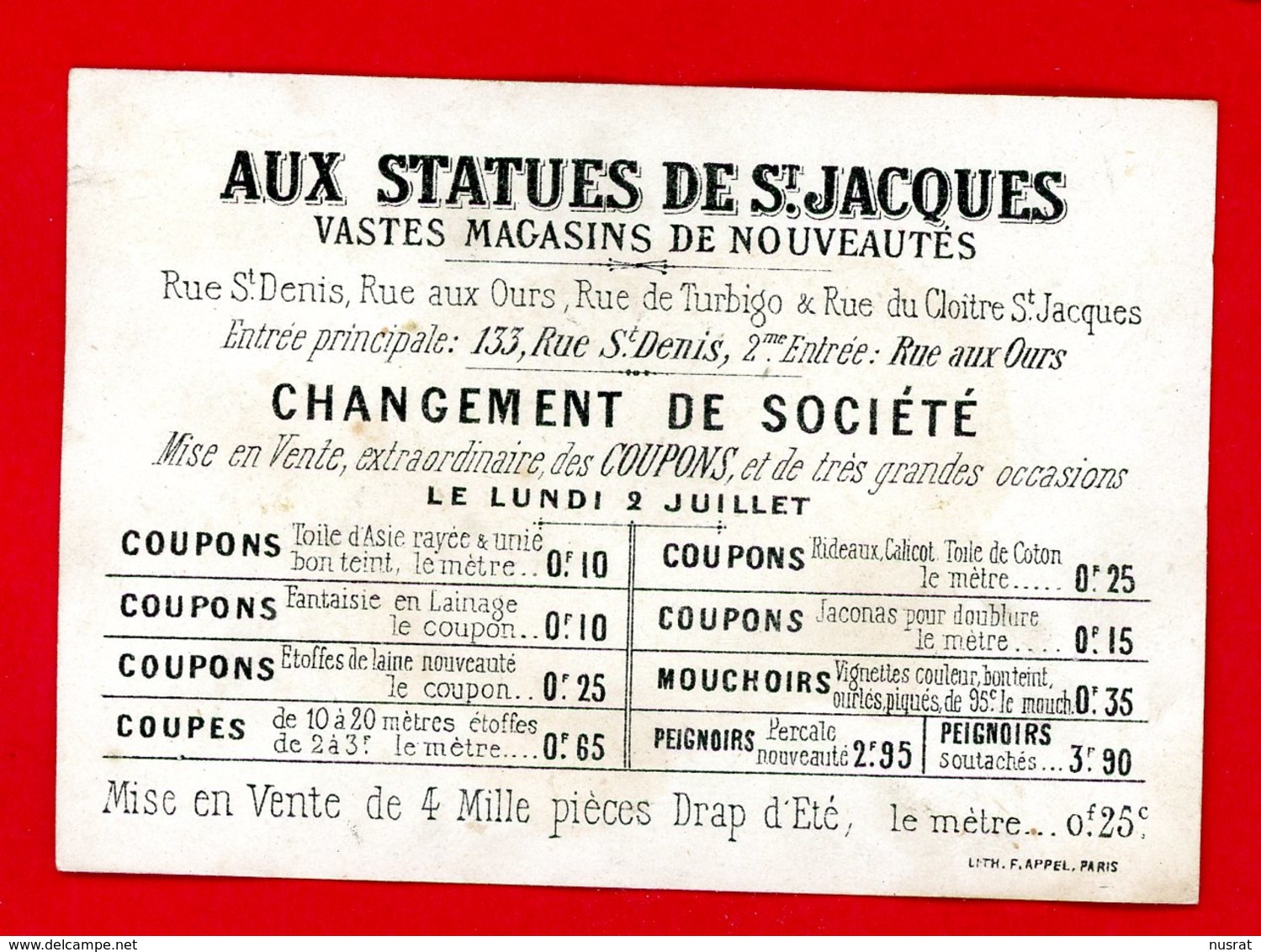 Aux Statues De St Jacques, Jolie Chromo Lith. F. Appel, Cuisiniers - Autres & Non Classés