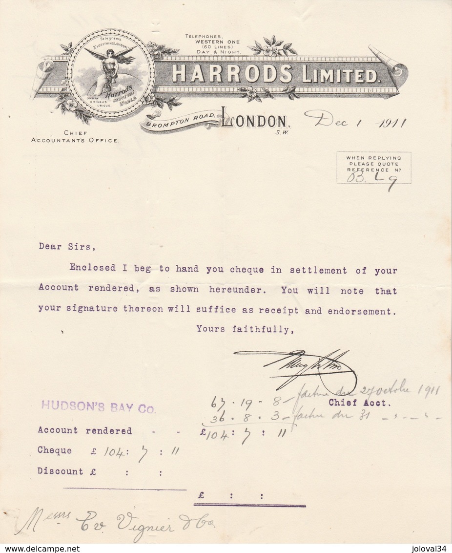 Royaume Uni Facture Lettre Illustrée 1/12/1911 HARRODS Limited Chief Accountants Office LONDON - Royaume-Uni